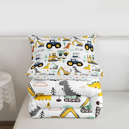 Set Set Kids Excavator Comforter Full, Cartoon Equipment Trucks Bedding for Boys Girls Children, Dinosaur Duvet Insert