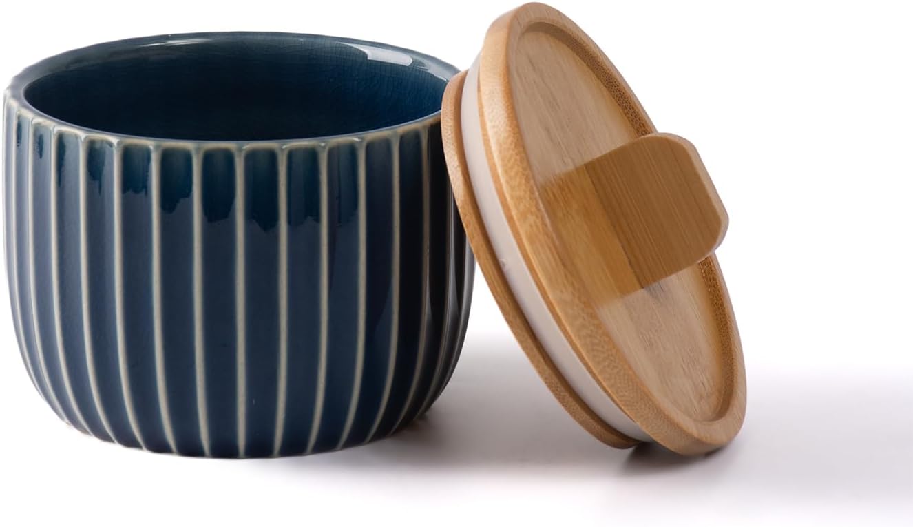 14oz Salt Cellar Keeper with Bamboo Lid, Big Capacity Ceramic Sugar Bowls Pepper Box, Crackle Glaze Seasoning Container
