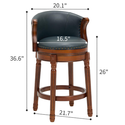 GDFStudio Cow Top Leather Wooden Bar Stool with Backrest, 360 Degree Swivel Counter Height Bar Stool, Upholstered Solid Wood Rustic Farmhouse Bar Chair for Kitchen Island Home Bar Dining, New Blue 26"