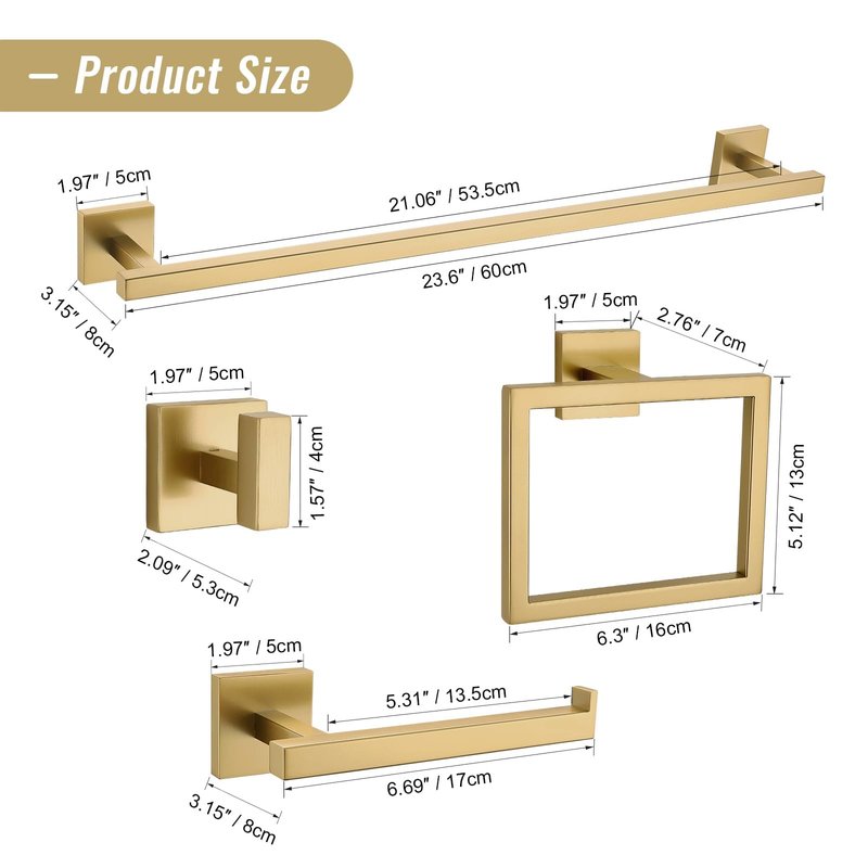 YACVCL Towel Bar Set, 5-Piece Brushed Gold Bathroom Hardware Set, Gold Bathroom Accessories Set, SUS304 Stainless Steel 23.6 Inch Towel Holder Towel Racks Set Wall Mounted