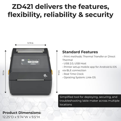 Zebra ZD421 (ZD4A042-D01M00EZ) USB/Bluetooth - Zebra GK420d Replacement, Direct Thermal Label Printer 203 dpi with 4x6 Thermal Roll + Power Adapter + USB 2.0 Cable + Microfiber Cloth Included