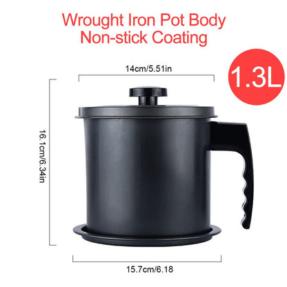 Ourokhome Bacon Grease Container with Strainer- 1.3 L or 5.2 Cup Iron Kitchen Oil Storage Can with Fine Mesh Strainer for Storing Hot Frying Oil, Fat (Black)