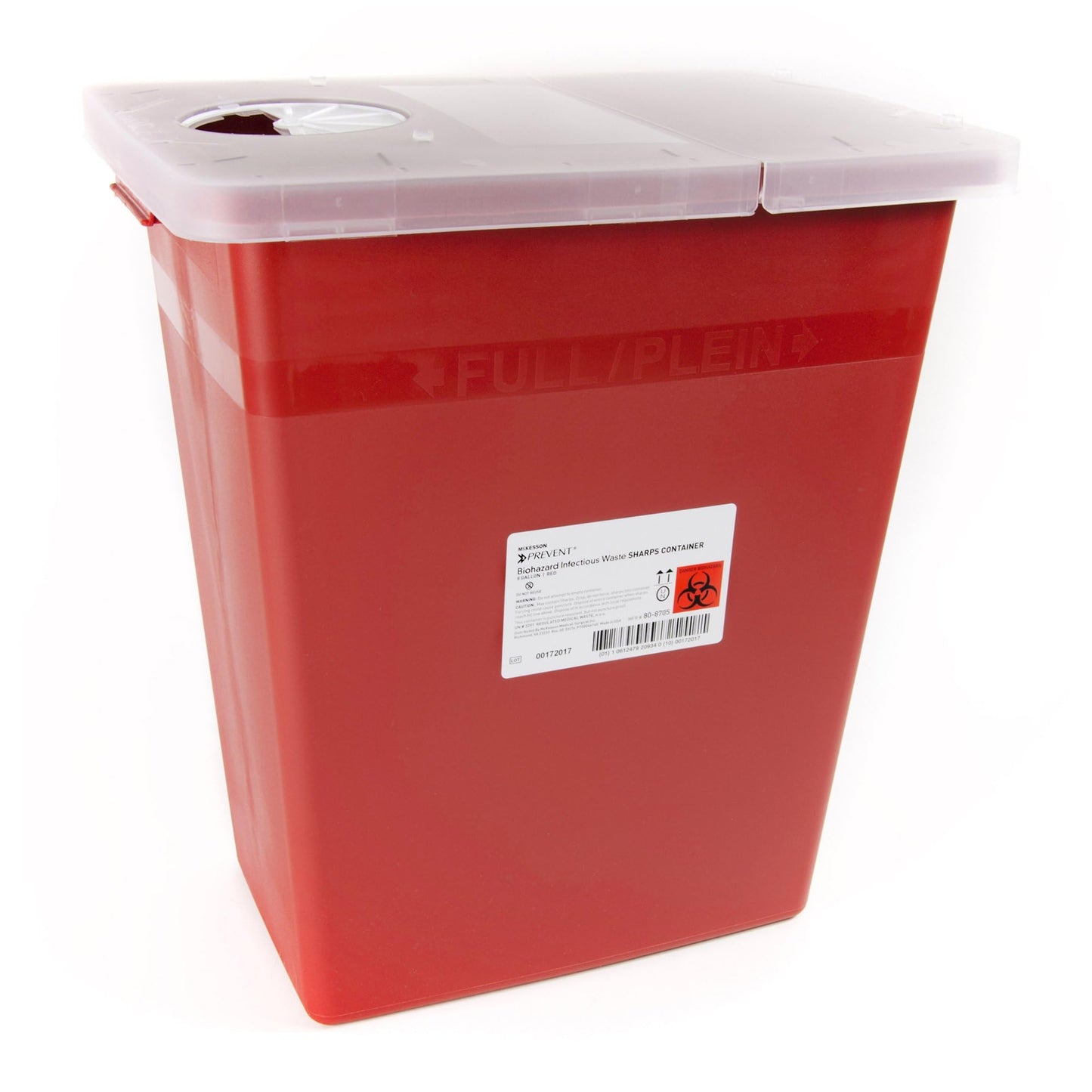 McKesson Prevent Sharps Container, Biohazard, Locking Lid, Red, 8 gal, 13 3/4 in x 13 3/4 in x 14 in