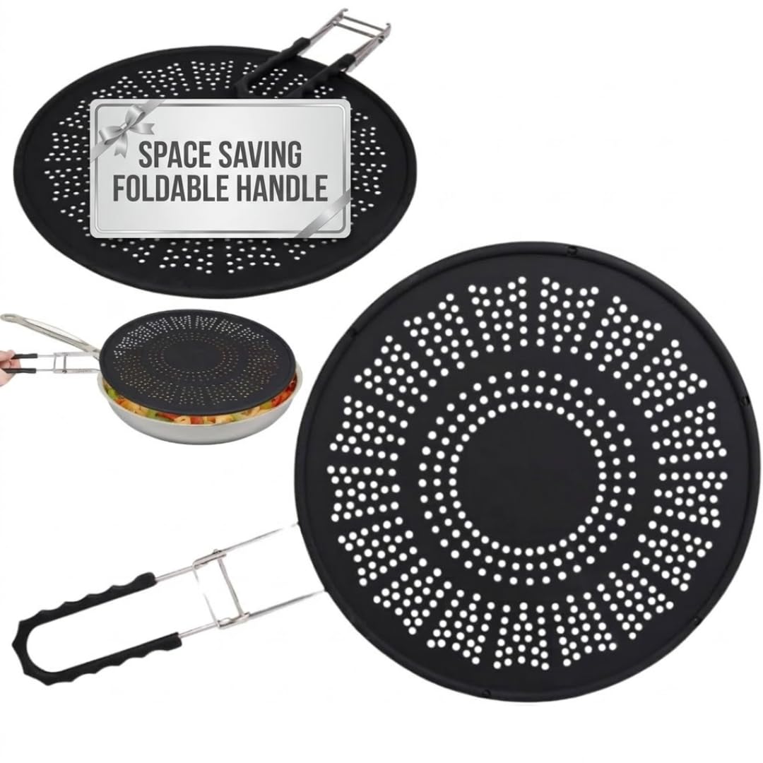XL 11.5" Silicone Splatter Screen Shield- Multi Use Pan Cover with Foldable Handle & Built in Water Strainer- Protect from Oil, Grease with Shield Guard- Fits Most Kitchen Frying Pans, Heat Resistant