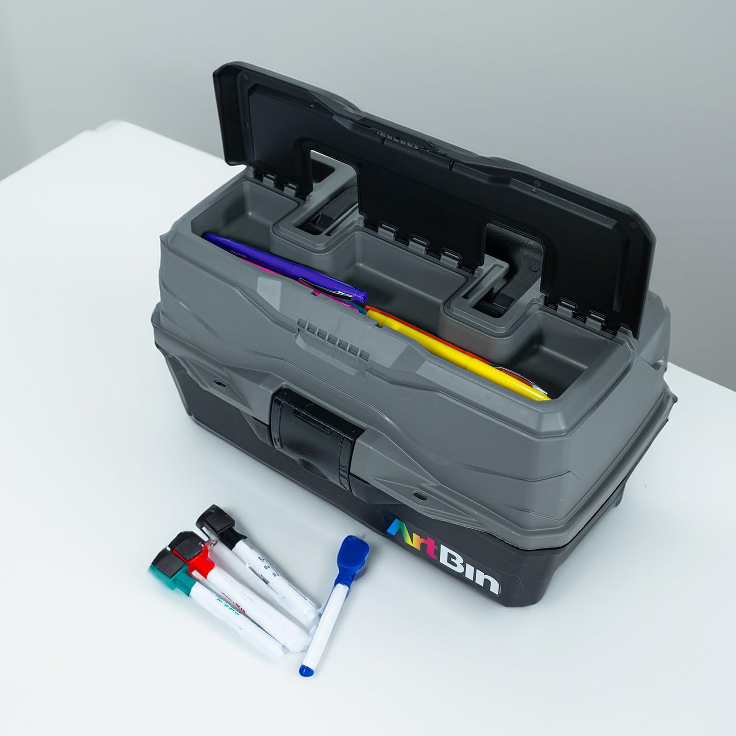 ArtBin 6892AG 2-Tray Art Supply Box, Portable Art & Craft Organizer with Lift-Up Trays, [1] Plastic Storage Case, Gray/Black
