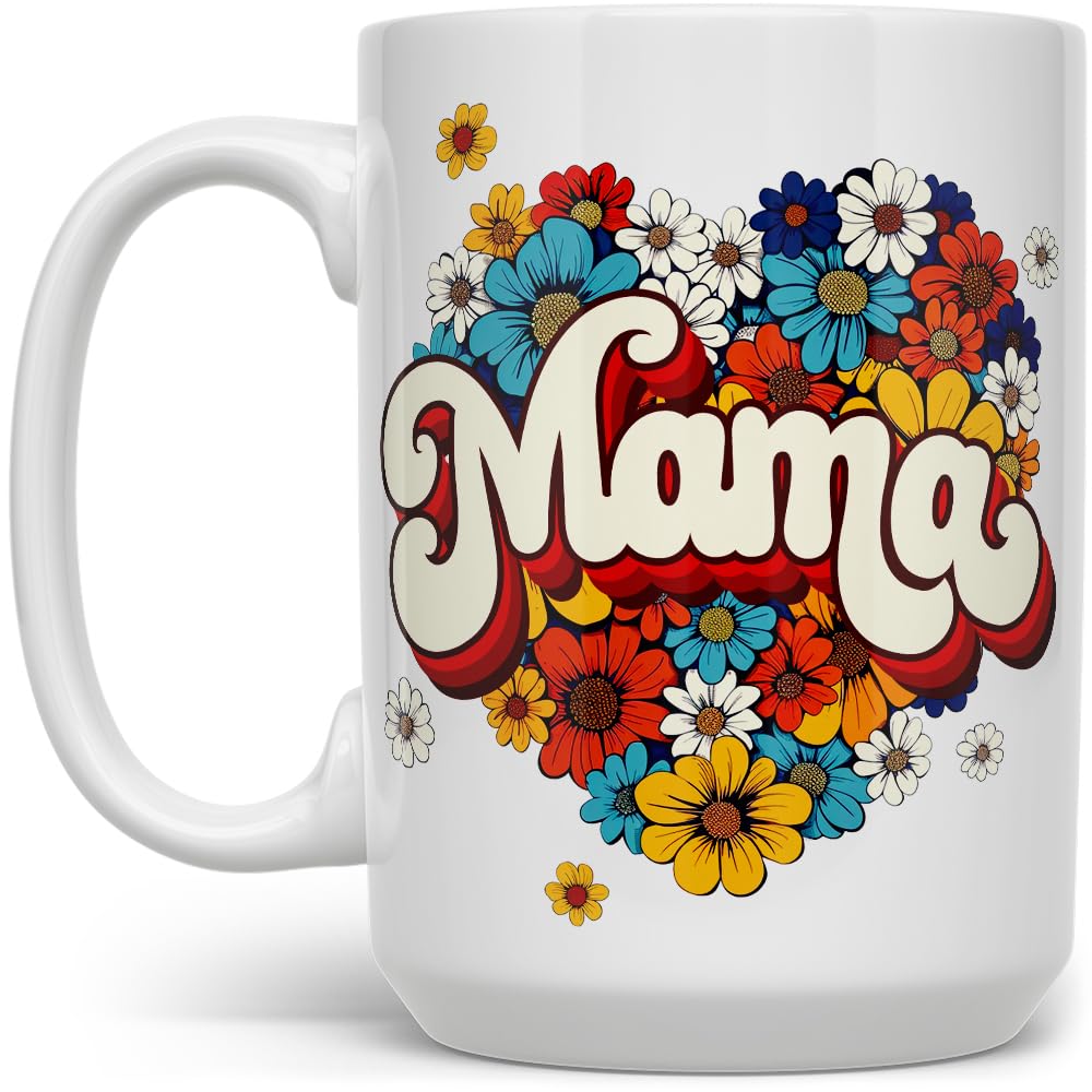 Floral Retro Mama Coffee Mug - Mom Birthday Cup, Mother's Day Gift (15oz)