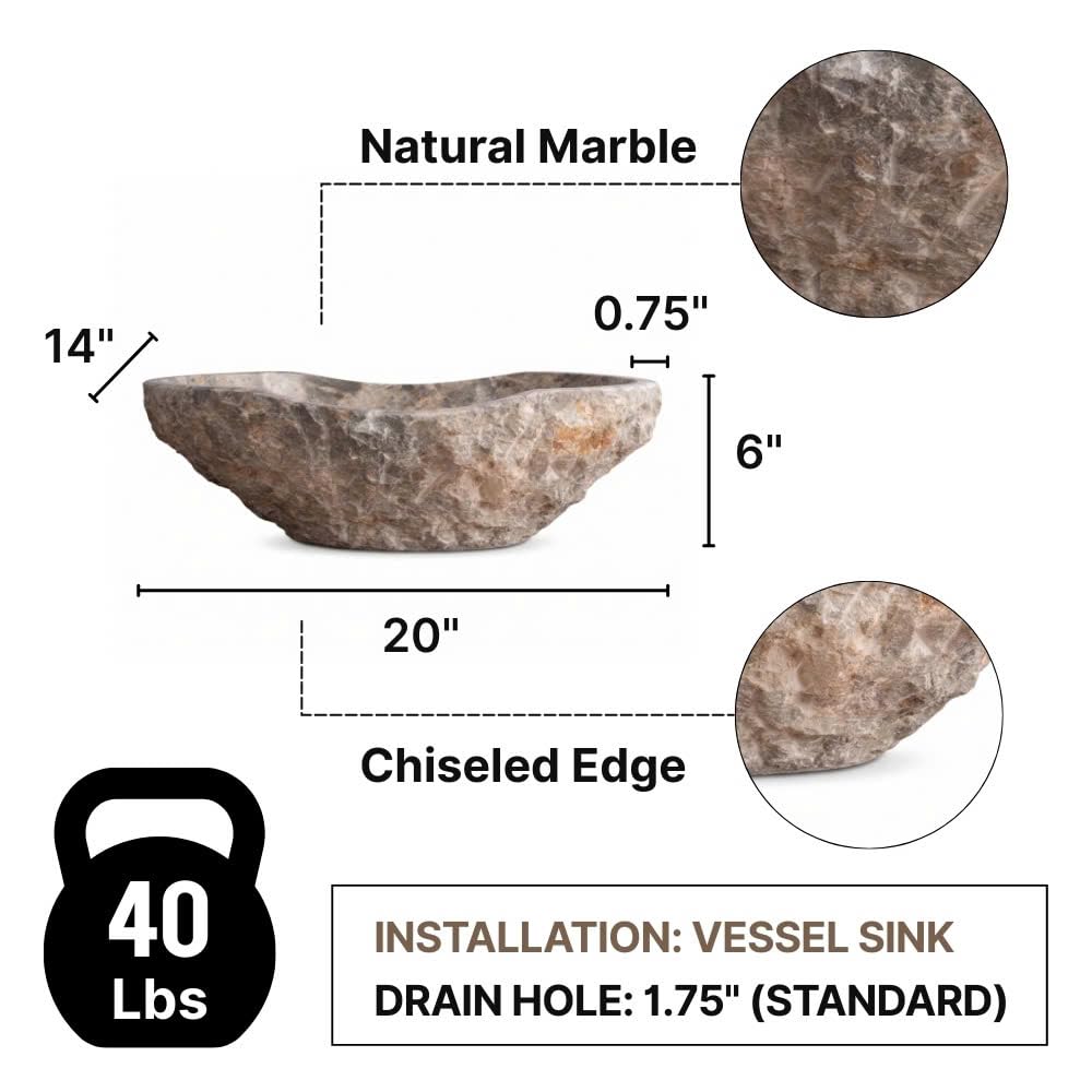 Golden Gray Marble Vessel Sink, Hand-Carved Canoe-Shaped Bathroom Sink in Solid Natural Marble, Beige with Gold & Gray Earth Tone Veins – Modern Rustic Countertop Sink
