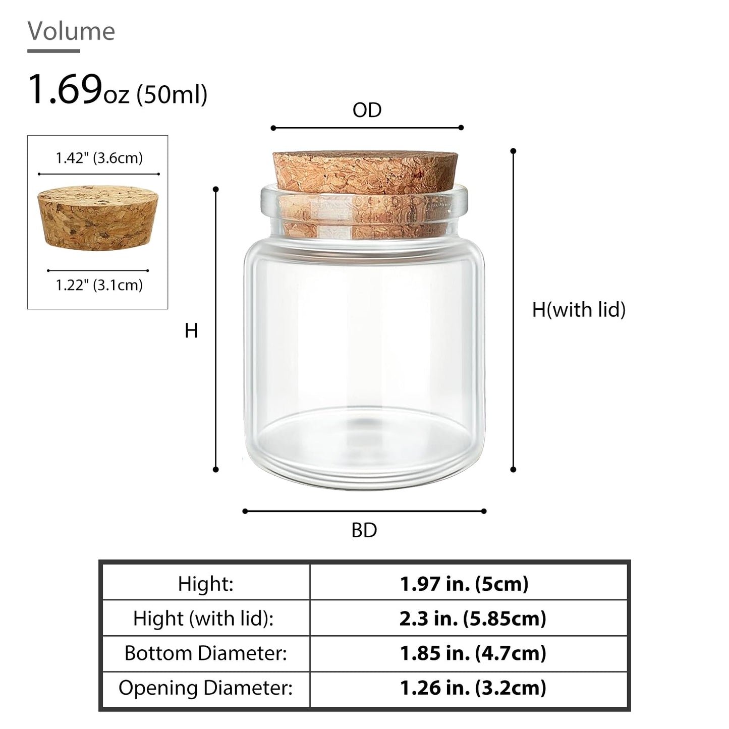 50ml / 1.69 oz. 10pcs Mini Glass Bottles with Cork, Small Glass Jars, Potion Bottles, Glass Vials, Message in a Bottle, Spell Jars with Cork Lids for Display Party Favors DIY Decoration Wedding Gift