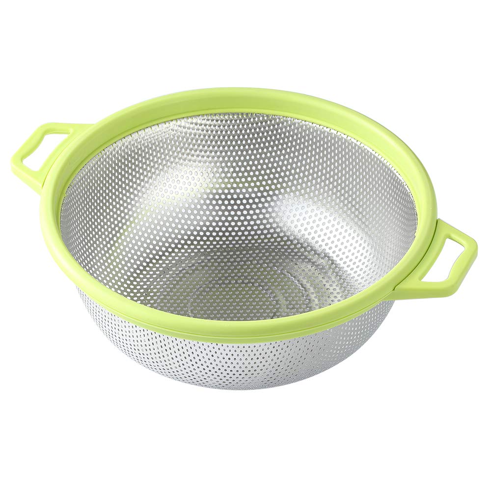 HiramWare Stainless Steel Colander With Handle and Legs, Large Metal Green Strainer for Pasta, Spaghetti, Berry, Veggies, Fruits, Noodles, Salads, 5-quart 10.5” Kitchen Mesh Colander, Dishwasher Safe