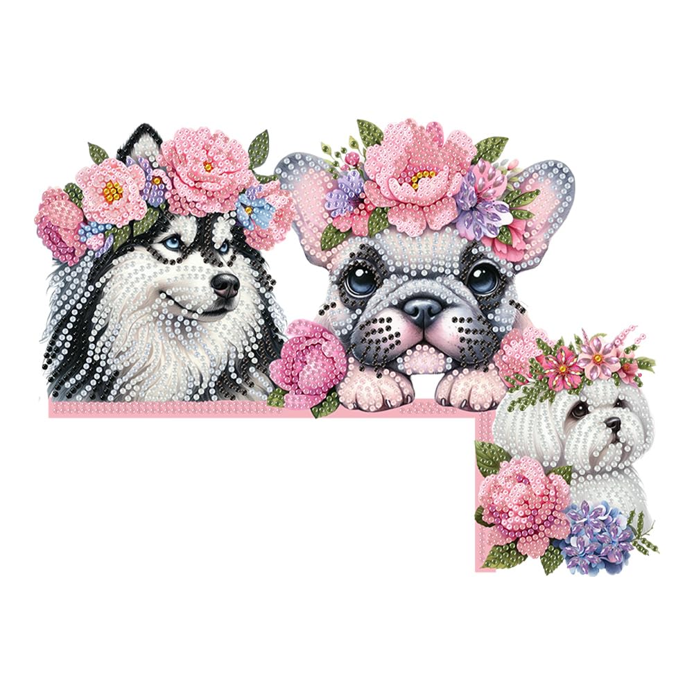 C'eitura Dog with Pink Flower Collar Diamond Painting on Wood, 5D DIY Custom Door Topper for Home Entryway Decor, Cute Animal Wall Art