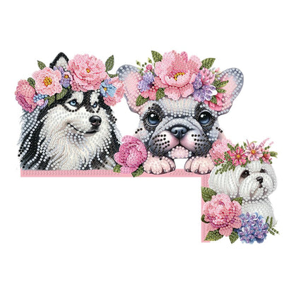 C'eitura Dog with Pink Flower Collar Diamond Painting on Wood, 5D DIY Custom Door Topper for Home Entryway Decor, Cute Animal Wall Art
