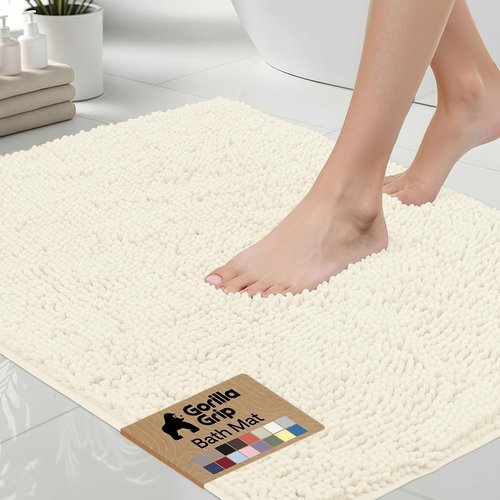 GORILLA GRIP Bath Rug Mat - Thick Soft Absorbent Chenille | Quick Dry Microfiber, 60x24, Ivory