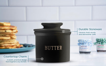Kook Butter Crock with Lid, Soft Spreadable Butter, Ceramic French Butter Keeper to Leave On Counter with Water Line, Butter Dish, Home and Kitchen Decor, Perfect for Christmas Gift (Black)