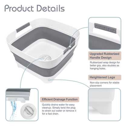 Collapsible Dish Basin with Drain Plug, 2.4 Gal 9L Foldable Wash Basin, Portable Sink Tub for Kitchen, Baby Bottles, Camping, RV, Vegetable Washing and Beverage Tub, Gray