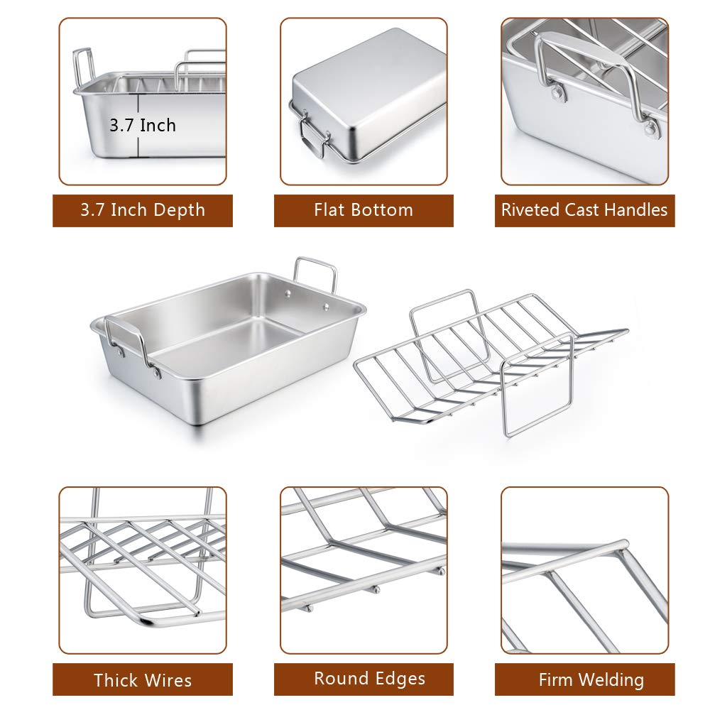 P&P CHEF 14" Roaster Roasting Pan with Baking Rack and V-shaped Rack, Stainless Steel Rectangular Lasagna Pan with Handles for Turkey Chicken, Healthy & Dishwasher Safe, 3 Pieces, Silver