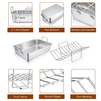 P&P CHEF 14" Roaster Roasting Pan with Baking Rack and V-shaped Rack, Stainless Steel Rectangular Lasagna Pan with Handles for Turkey Chicken, Healthy & Dishwasher Safe, 3 Pieces, Silver
