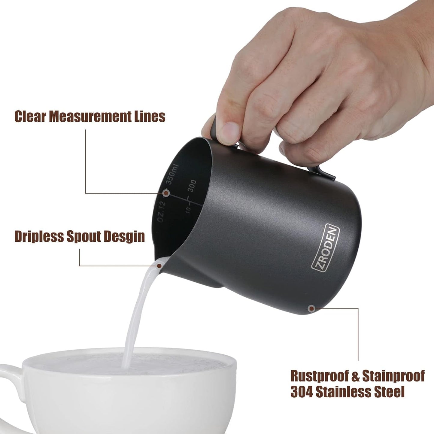 Milk Frothing Pitcher, 12oz Stainless Steel Espresso Steaming Jug, Barista Tools for Cappuccino Coffee, Matte Black