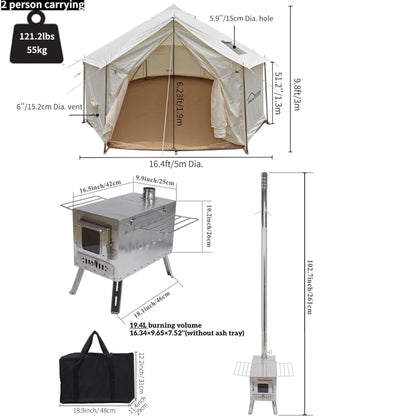 DANCHEL OUTDOOR B6 4 Season Glamping Wall Tent w/Large Wood Stove Camping, No Center Pole, Higher Side Wall,900D Flame Retardant Oxford for 6-8 Person Yurt Cabin Tent,16.4ft/5m