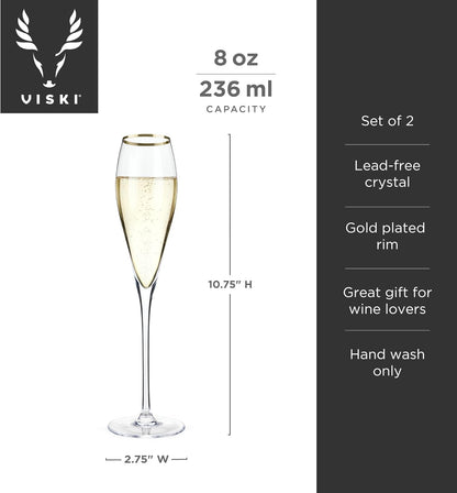 Viski Gold-Rimmed Crystal Champagne Flutes, Stemmed Wine Martini Glass Set, Housewarming Wedding Wine Gift - Set of 2,