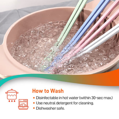 RECOHOME Reusable Long Silicone Cooking Chopsticks with Spoon - 12 Inches 3 Color Set, Eco-Friendly, Heat-Resistant, Non-Scratch, Korean, Japanese Asian Kitchen cookware. (Pink, Green, Grey, 3 Pair)