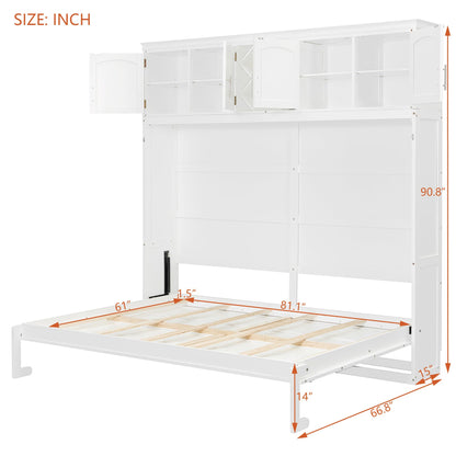 Murphy Bed Queen Size,Murphy Bed with Top Cabinets & Wine Rack,Space-Saving Hideaway Wall Foldable Bed w/Dual Piston Metal Folding Mechanism,Bedroom Folding Bedframe for Guest Room,White
