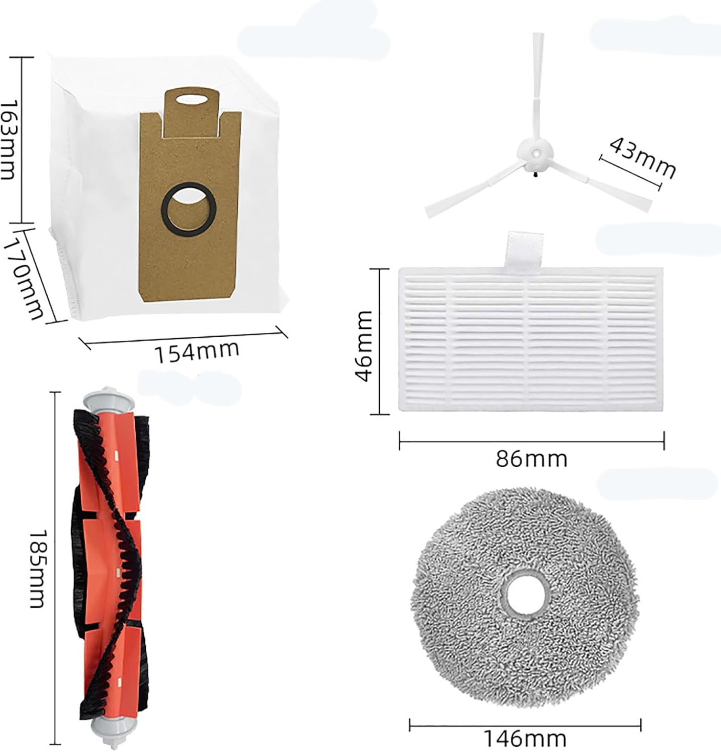 Replacement Parts for Lydsto W Robot Vacuum Cleaner, 1 Main Brush, 3 Filters, 6 Side Brushes, 2 Dust Bags