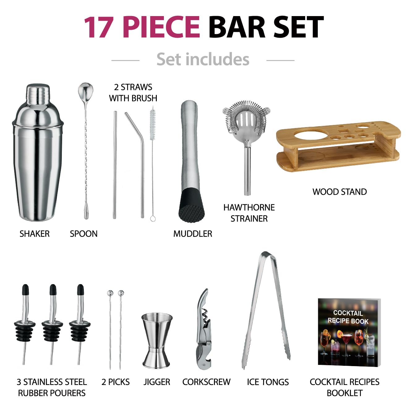 Cocktail Shaker Set - 17 Piece Stainless Steel Mixology Bartender Kit, Drink Martini Shaker, Home Bar Accessories, Cocktail Kit, Stainless Steel Bar Set, Shakers Bartending