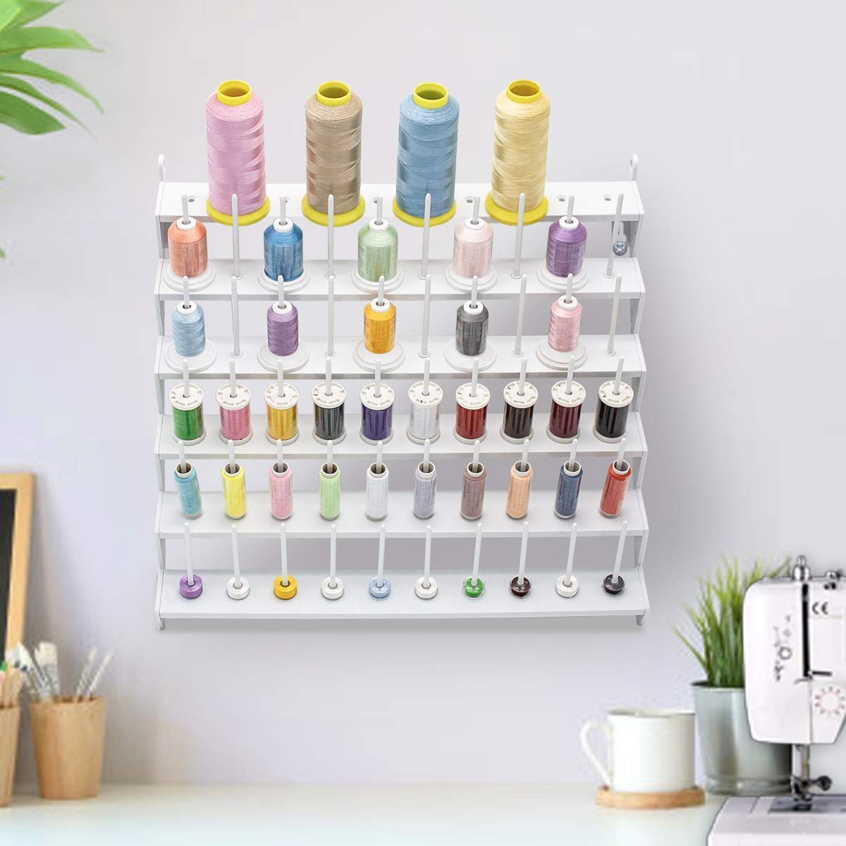 Sew Tech Thread Rack for 60 Spools or 30 Cones, Wall Mounted Large Thread Holder with Long Pegs, Bright White Plastic Thread Stand for Embroidery Serger Sewing Thread Storage and Hair Braiding
