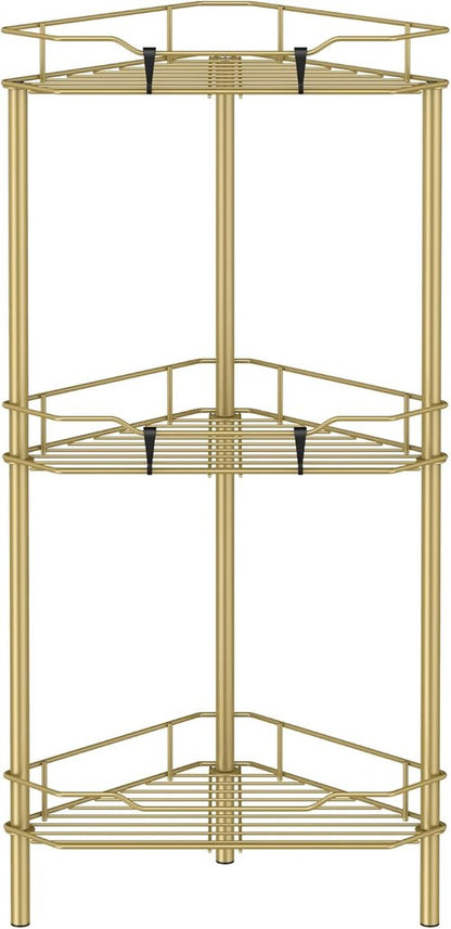 HuggieGems Corner Shower Caddy Organizer - 3 Tier Floor Stand with Hooks | Elegant Gold Finish