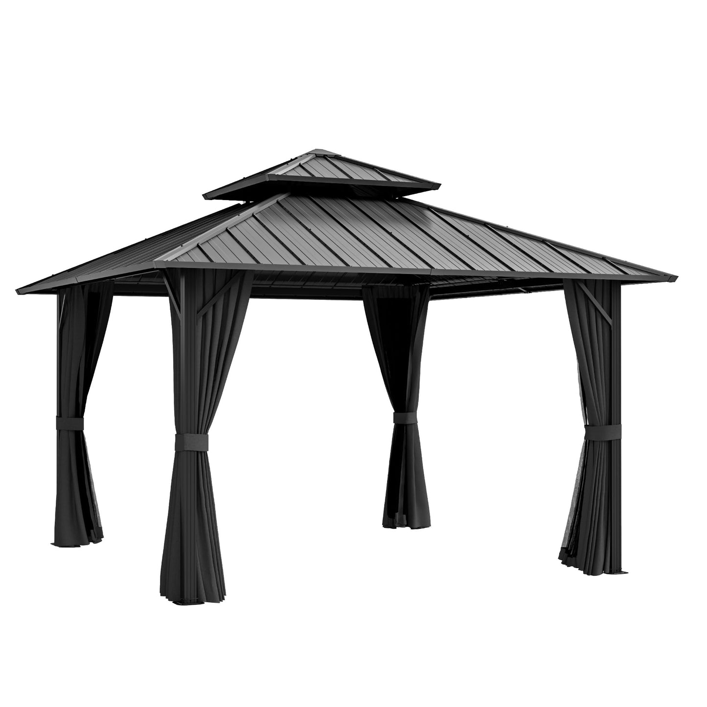 LUXIJOY 12' x 12' Hardtop Gazebo, Aluminum Frame with Double Galvanized Steel Roof, Outdoor Metal Gazebo with Netting & Curtains for Backyard, Garden, or Deck, Grey