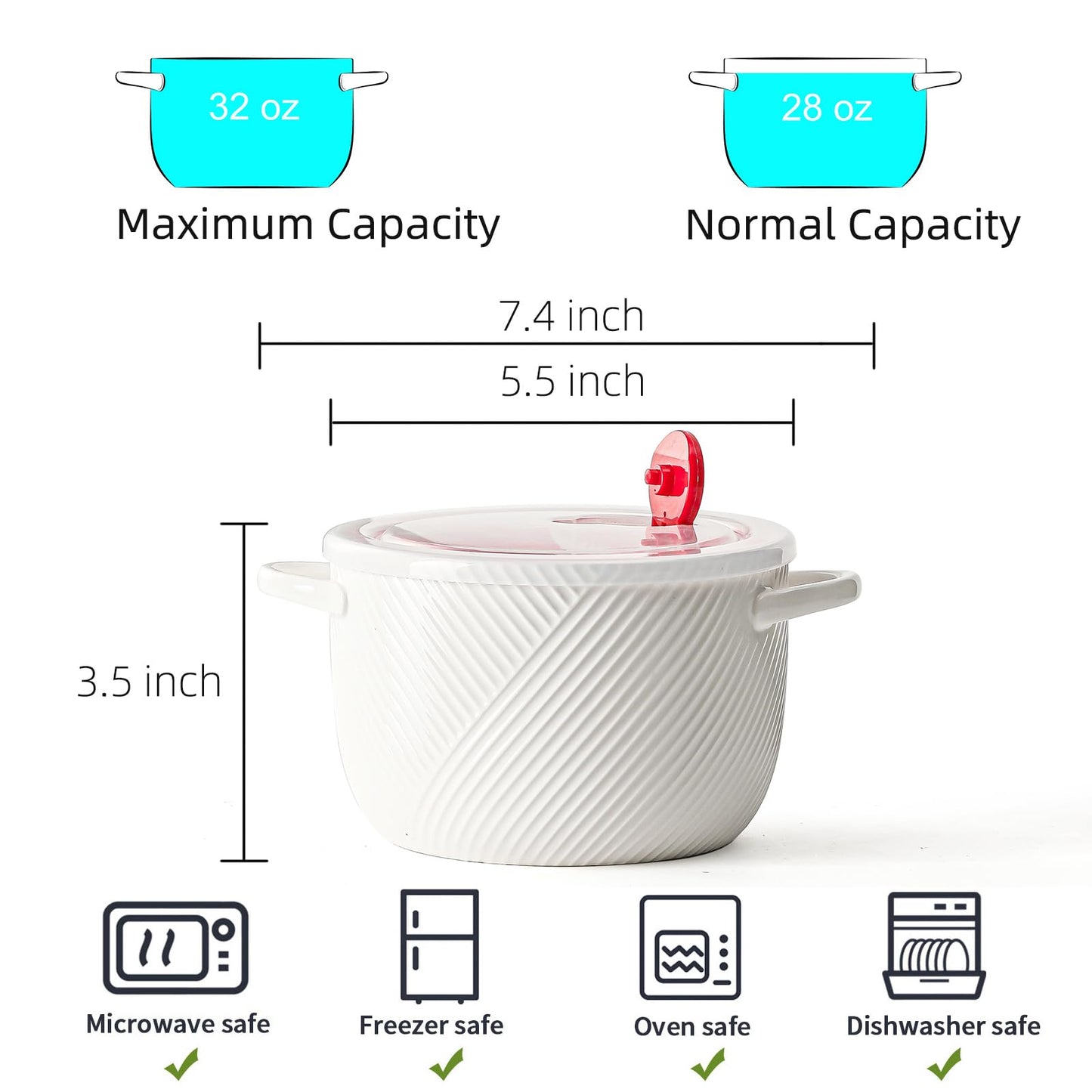 Adewnest Ceramic Soup Bowl with Lid & Handle: 32 oz Large Kitchen Container for French Onion Meal Prep Cereal Ramen Oatmeal Dorm Living Single Serve Dinner Work Lunch Food Storage - White 1 PCS