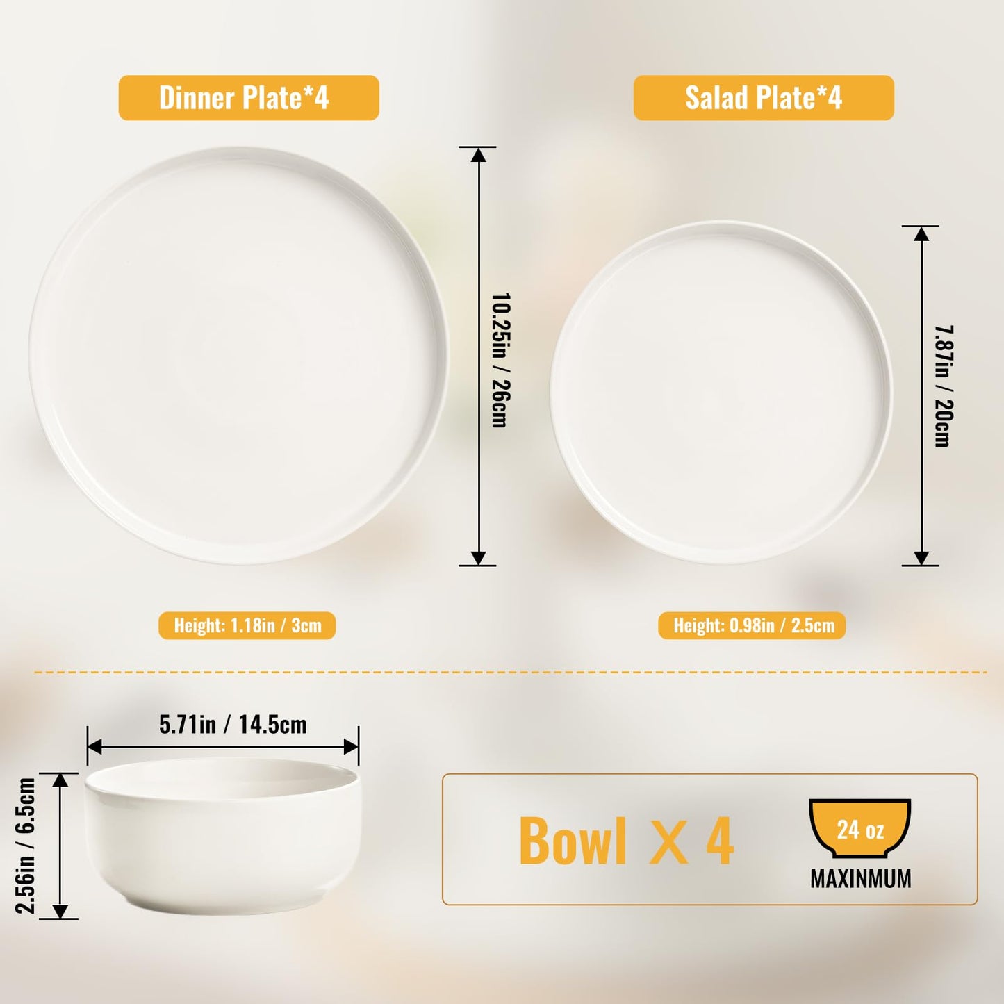 EWFEN Plates and Bowls Sets, 12 Pieces Ceramic Dinnerware Set for 4, Stoneware Dishware Dishes Set, Scratch Resistant Dishes Set, Dishwasher & Microwave Safe, White