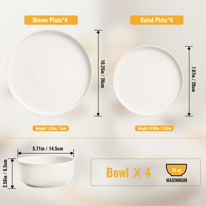 EWFEN Plates and Bowls Sets, 12 Pieces Ceramic Dinnerware Set for 4, Stoneware Dishware Dishes Set, Scratch Resistant Dishes Set, Dishwasher & Microwave Safe, White