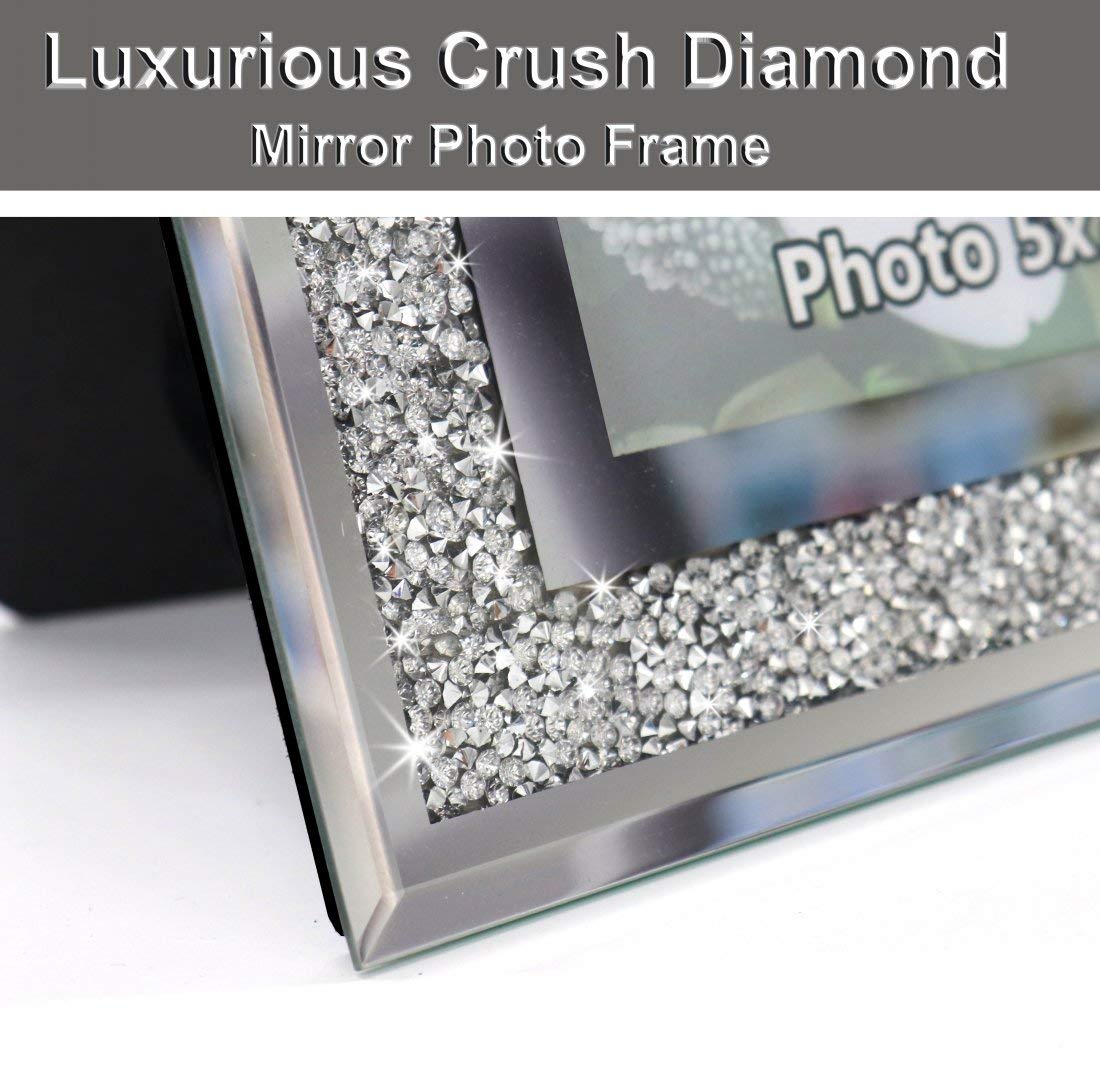 ALLARTONLY Crush Diamond Mirror Photo Frame In Bling Sparkle Crystal Silver Glass Finish, For Picture Size 5x7 inch, Pack of 2 Piece, table top Stand frame & Wall Frame