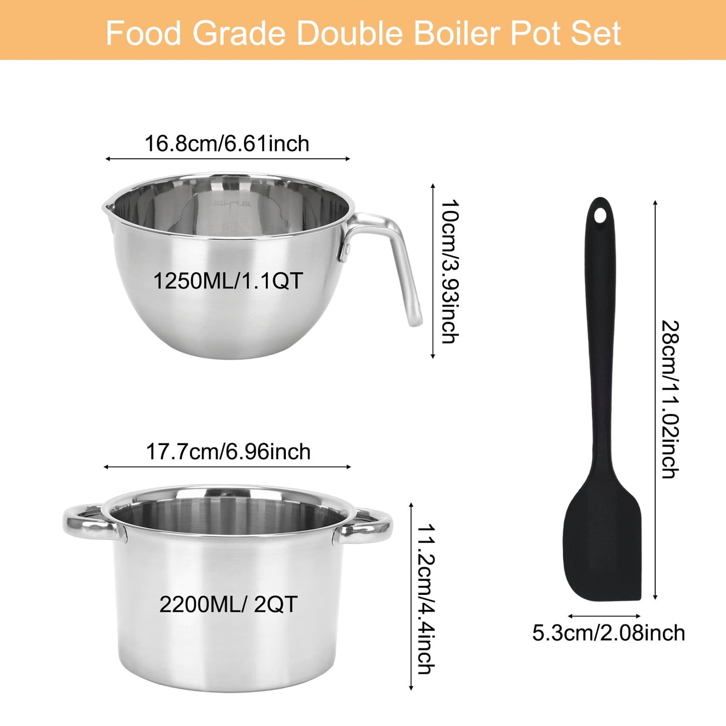 3PCS Double Boiler Pot Set, 1250ML/1.1QT Mixing Bowl with Scale 2200ML/ 2QT Stainless Steel Heating Pot with Silicone Spatula for Cheese Chocolate Candy Candle Soap Wax Melting (1250ml+2200ml)