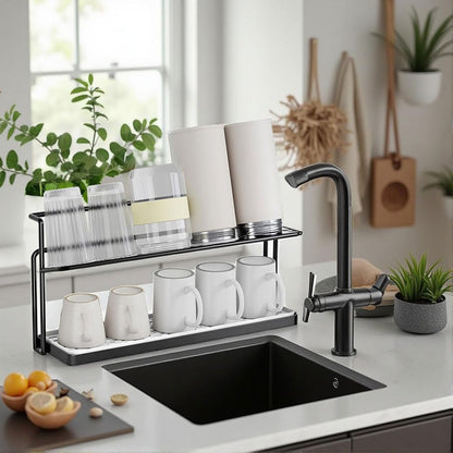 Earssa Water Bottle Drying Rack Cup Storage with Drain Tray Mug Organizer for Kitchen - 2 Tiers (Black)