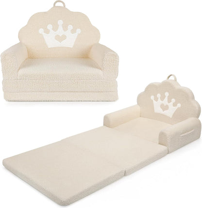 2-in-1 Cozy Kids Couch Fold Out, Soft Teddy Sherpa Toddler Couch with Crown Design, Convertible Kids Sofa to Lounger