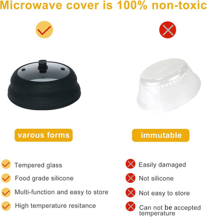 Microwave Splatter Cover | Collapsible Plate Cover Lid with Easy Grip Handle, Tempered Glass & Silicone