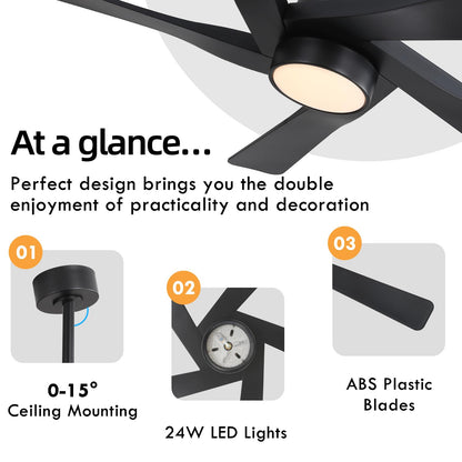 WINGBO 64" ABS DC Ceiling Fan with Lights, 5 Blade ABS Plastic Ceiling Fan with Remote, 6-Speed Reversible DC Motor, LED Ceiling Fans for Kitchen Bedroom Living Room, Matte Black