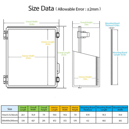 LeMotech Electrical Box, IP67 Waterproof Hinged Clear Cover Stainless Steel Latch Junction Box, ABS Plastic Electrical Enclosure with Mounting Plate,Wall Brackets, Cable Glands,19.6"x15.7"x7.8",Grey