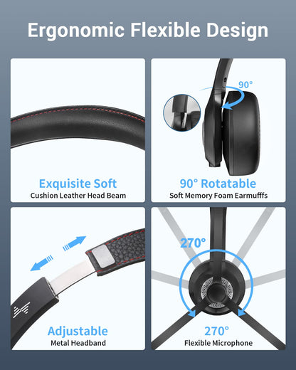 JIAMQISHI Wireless Headset with Mic for Work, Bluetooth V5.2 Headphones with AI Noise Cancelling Microphone, USB Dongle, Clear Calls & Mic Mute, for Laptop, PC, iPhone & Android Phones
