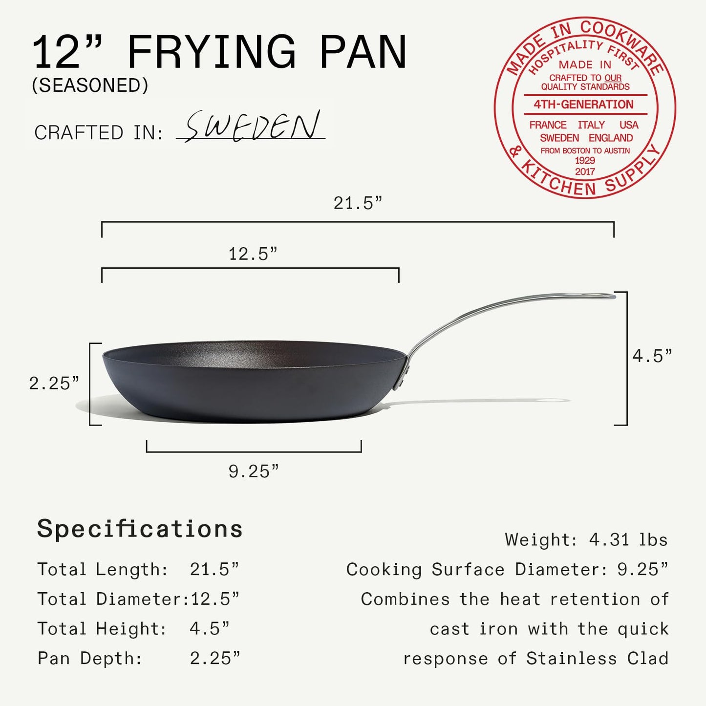 Made In Cookware - Seasoned 12" Carbon Steel Frying Pan - (Like Cast Iron, but Better) - Professional Cookware - Crafted in Sweden - Induction Compatible