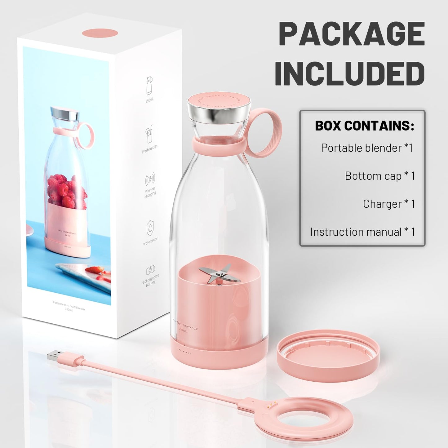 OTPEIR Portable Blender for Shakes and Smoothies with 11.83 Oz Travel Cup and Lid,Durable Stainless Steel Blades for Juice Blending Performance, Pink