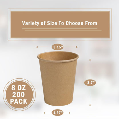 Lamosi 200 Pack 8 oz Kraft Paper Cups, Brown Disposable Paper Coffee Cups, Unbleached Paper Cups for Hot/Cold Beverage Party Home Office