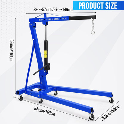Foldable Engine Hoist, 2 Ton (4000 LB) Hydraulic Cherry Picker, Steel Mobile Load Lifter with 6 Wheels and Telescopic Boom, for Shop Crane, Garage, Workshop, Auto Repair, Heavy-Duty, Blue