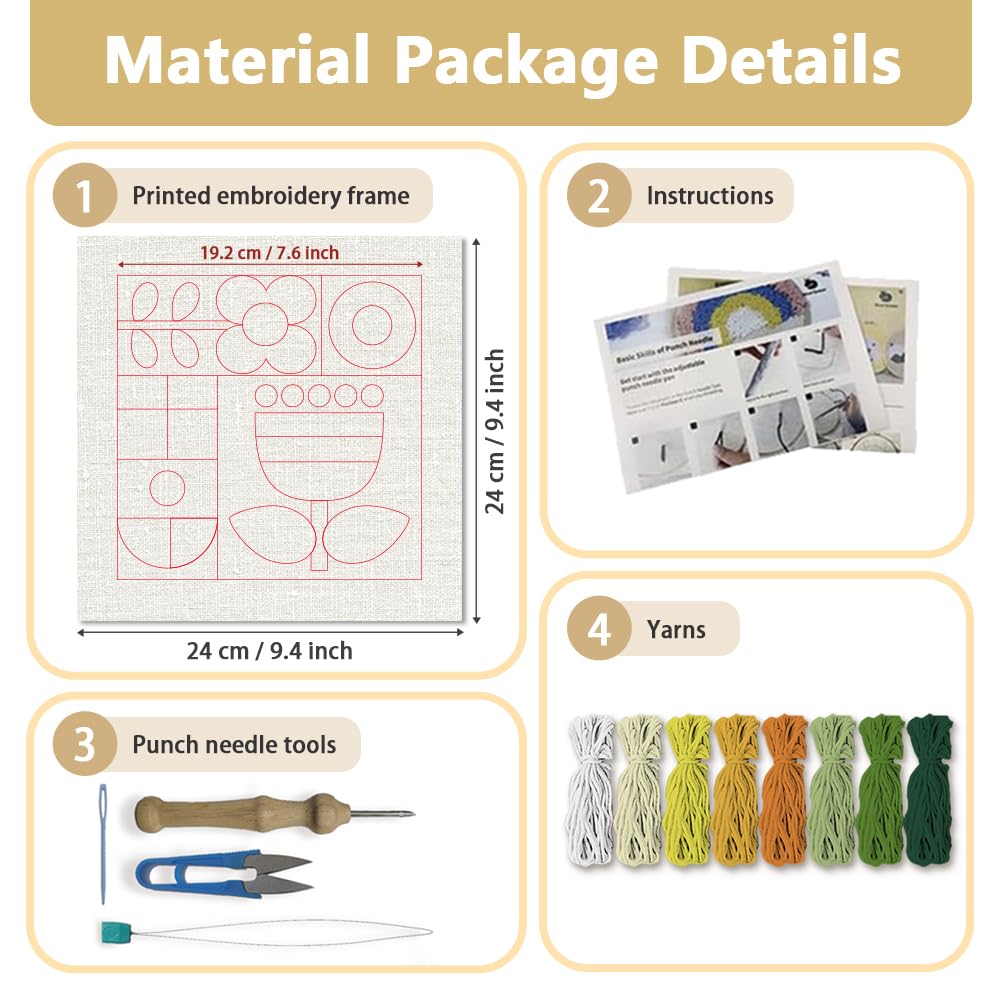 DOODLREAM Geometric Flowers Needle Kit for Beginner, 9.4"x 9.4" Abstract Floral Punch Stitching Craft Set, Modern DIY Embroidery Starter with Printed Frame, Instruction, Threader, Yarn, Pinch Needle