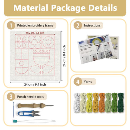 DOODLREAM Geometric Flowers Needle Kit for Beginner, 9.4"x 9.4" Abstract Floral Punch Stitching Craft Set, Modern DIY Embroidery Starter with Printed Frame, Instruction, Threader, Yarn, Pinch Needle
