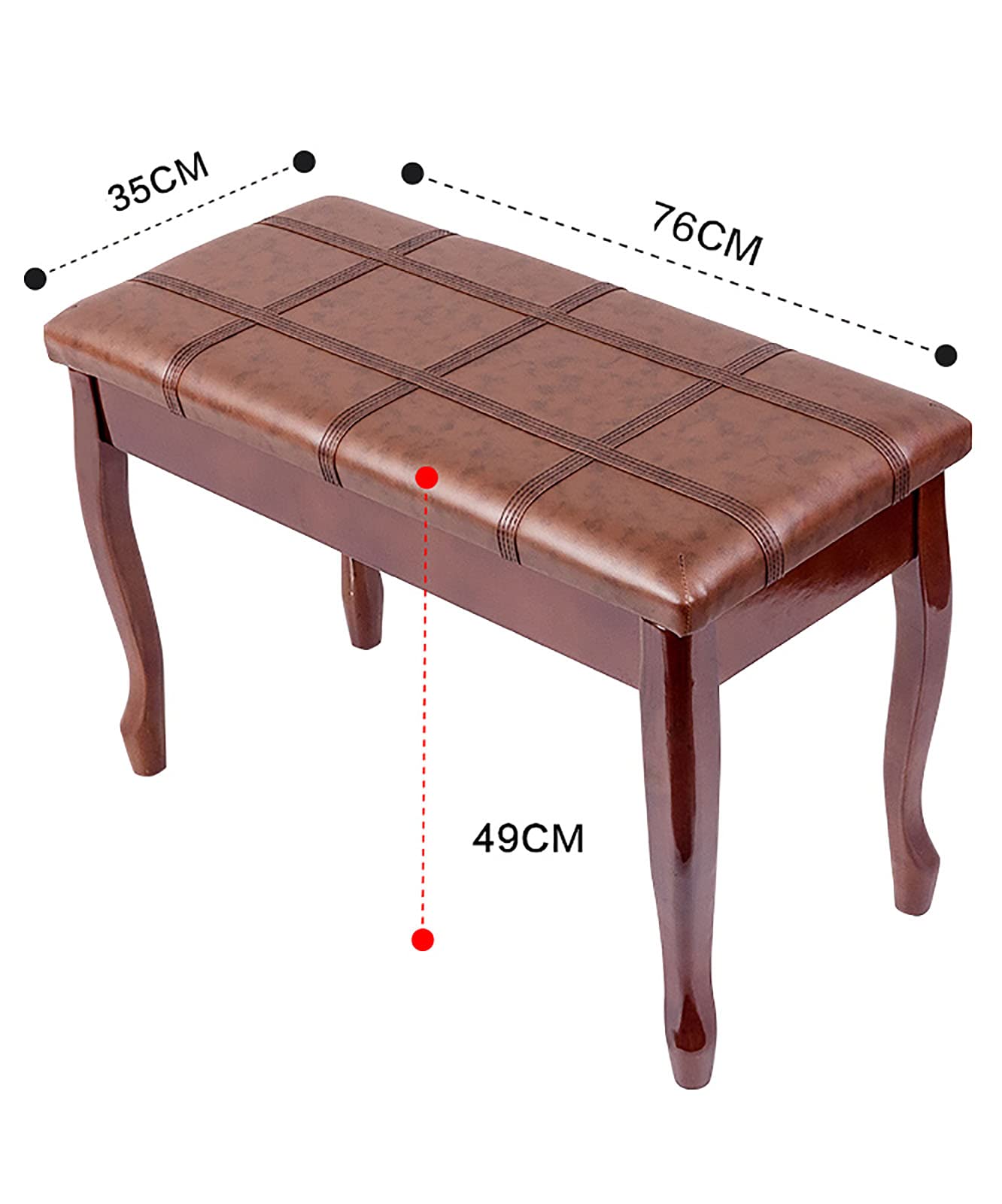 ELUKHT Deluxe Genuine Leather Piano Bench, Fixed Height Duet Piano Stool with Large Storage Box Keyboard Bench Vanity Stool, 76 x 35 x 49CM, Teak
