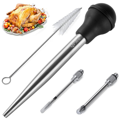 QPMR Turkey Baster With Cleaning Brush, Stainless Steel Baster Tool for Cooking-Baster Syringe for Roaster Turkey, Include 2 Meat Marinade Injector Needles for Thanksgiving