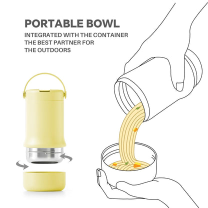 Ideus Soup Thermo with Foldable Spoon and Bowl 20oz, All-in-one Insulated Bento Lunchbox Stainless Steel Leakproof Portable Soup Container Vacuum Thermal Food Jar for Lunch (Light Yellow)